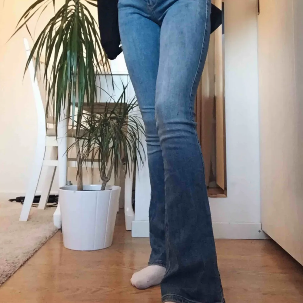 Mellanblåa bootcut jeans, köpta för 699kr Byxorna är inte fläckiga det är bara ljuset!. Jeans & Byxor.