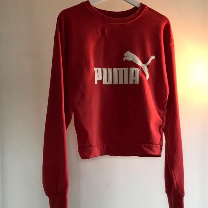 Upcycled puma sweater in red. Previously size L, resewn to size S/M. . Hoodies.