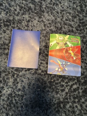 Pokémon samlarkortpärmar - Två samlarkortpärmar, en med Pokémonmotiv i grönt, rött och blått med figurer och logga, och en enfärgad blå. Perfekt för att organisera och skydda dina samlarkort. Materialet är plast och pärmarna är i mindre format. Skicket är det som syns på bilderna.