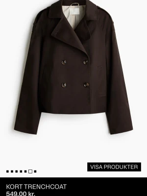Kort brun trenchcoat med dubbelknäppning - Stilren kort trenchcoat i mörkbrunt med bred krage och dubbelknäppning framtill. Jackan har axelklaffar och raka ärmar för en modern look. Använd fåtal gånger och säljer då den inte kommer till användning🥰