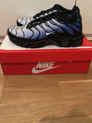 Nike tns - Använda en gång‼️en modell som är svår att hitta. Nypris 2200 kr/ mitt pris 1499 kr. Det är exklusiva Nike tns sneakers i blått, svart och vitt. Klassisk Swoosh-logga på sidan och Tn Air-märke på innersulan. Box ingår självklart!