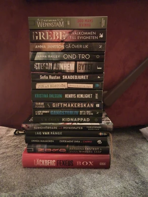 Böcker - 16 spännande romaner/deckare - Säljer skönlitterära böcker inom spänning, deckare och thriller. Bland titlarna finns böcker av Camilla Läckberg, Stefan Ahnhem mm. Priserna varierar och köper man flera böcker så får man såklart rabatt💗Vill man ha bild på någon särskild bok är det bara att höra av sig! Skriv vilka böcker du vill köpa och vilket pris du kan tänka dig😊 Alla böcker finns kvar