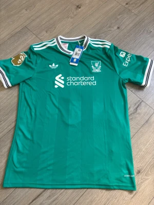 Grön Liverpool matchtröja Adidas - Snygg grön Liverpool matchtröja från Adidas med vita detaljer och klubbmärke på bröstet. Tröjan har vita ränder på axlarna, svartvita muddar och sponsorloggor på framsidan och ärmen. Perfekt för fotboll eller träning. Liten defekt eller vad man kan säga på PL märket. Den är även helt ny.