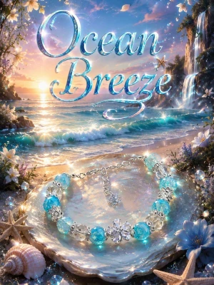 Ocean Breeze  - Snyggt armband med skimrande blå och klara glaspärlor, dekorerat med silverfärgade blommor och en gnistrande blomma i mitten. Armbandet har justerbar kedja och ger en fräsch havsinspirerad känsla. Perfekt accessoar för dig som gillar unika smycken med strandvibbar.