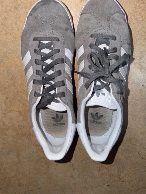 Grå Adidas Gazelle sneakers - Snygga grå Adidas Gazelle sneakers i mocka med klassiska vita ränder på sidorna och vit sula. Skorna har lågt skaft och vita detaljer vid häl och plös. Perfekta för en clean och sportig stil.