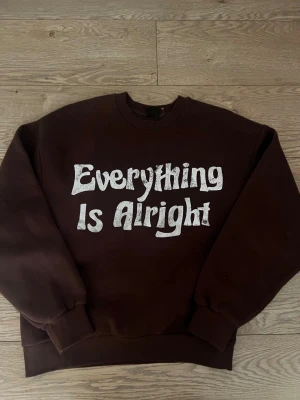 Brun sweatshirt med retrotryck - Väldigt mjuk hoodie som aldrig använts!! Mörkbrun sweatshirt i mjuk bomullsblandning med vit text 'Everything Is Alright' i retrostil på framsidan. Tröjan har rund hals, ribbade muddar vid ärmar och nederkant samt en relaxed fit. 