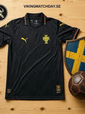 Svart Portugal fotbollströja Puma - Snygg svart Portugal fotbollströja från Puma med guldfärgade detaljer och emblem. Tröjan har korta ärmar, pikékrage med röd och grön rand samt DriCELL-material för bra ventilation. Perfekt för match eller träning.