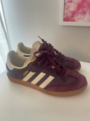 Vinröda Adidas Samba sneakers - Säljer ett par vinröda Adidas Samba sneakers med klassiska vita ränder på sidorna och guldfärgad Samba-text. Skorna har beige detaljer och en gummisula. Ovandelen är i läder och mocka, vilket ger en snygg retrostil. Perfekta för dig som gillar streetwear och sportig look. Kommer med sko kartong och ett extra par skosnören