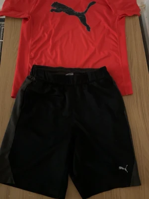 Röd Puma t-shirt och svarta shorts - Säljer ett sportigt set från Puma med en röd t-shirt i funktionsmaterial och stor svart logga på bröstet samt ett par svarta shorts med elastisk midja och liten Puma-logga. Perfekt för träning eller gympass.