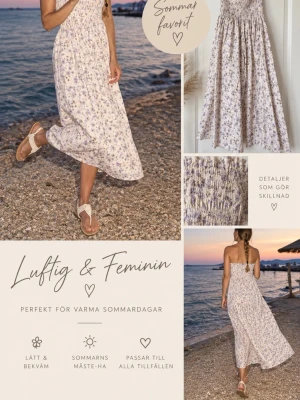 Ljus blommig sommarklänning - Luftig och feminin långklänning i ljusa toner med blommigt mönster i lila och beige. Klänningen har smock upptill, är ärmlös och har en vacker, svepande kjol. Perfekt för varma sommardagar och ger en romantisk känsla.