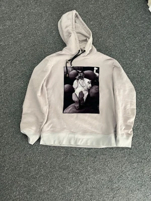 Ljusgrå hoodie med tryck - Säljer en ljusgrå hoodie med huva och svart snöre. På bröstet finns ett stort svartvitt tryck av en person som sitter i en fåtölj. Hoodien har ribbade muddar vid ärmslut och nederkant. Perfekt för dig som gillar streetwear och coola prints.