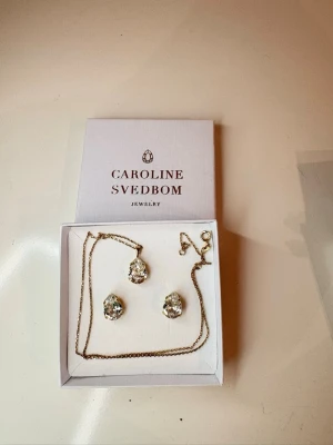 Caroline Svedbom smyckesset med kristaller - Säljer ett exklusivt smyckesset från Caroline Svedbom med matchande halsband, örhängen och armband, ring . Alla delar har stora, klara kristaller och guldfärgade detaljer. Perfekt för dig som vill ha något glittrigt och elegant till din outfit. Stenarna är silvriga på alla, säljer gärna helst alla som ett sett, men skulle man vilja köpa nån enskild, hör av er så löser vi nått bra ! Säljer som sagt väldigt billigt och månt pris med tanke på vad man får för priset, allt är i väldigt bra kvalité!