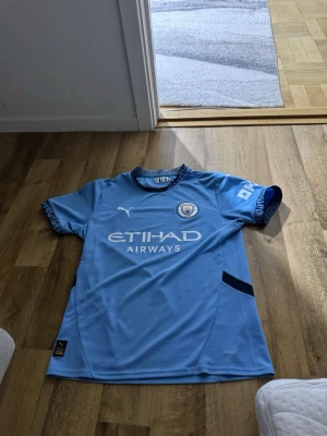 Manchester City matchtröja ljusblå Puma - Säljer en ljusblå Manchester City matchtröja från Puma med klubbmärke och Etihad Airways-tryck på bröstet. Tröjan har korta ärmar, rund hals och detaljer i mörkblått. Perfekt för fotbollsträning eller att bära på matchdag.