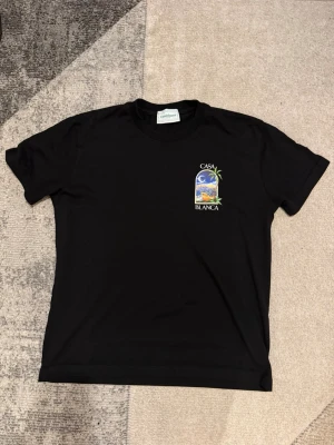 Casablanca - Snygg svart t-shirt med färgglatt tryck av palmer och landskap både fram och bak. T-shirten har rund hals och korta ärmar. Perfekt för dig som vill ha en stilren men ändå unik look.