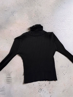Svart  polotröja från Zara - Säljer en svart ribbstickad polotröja från Zara. Tröjan har lång ärm, hög polokrage och är tillverkad i ett mjukt, stretchigt material som sitter snyggt på kroppen. Perfekt att styla med jeans eller kjol för en clean look.