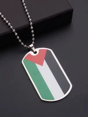 Halsband med Palestinas flagga - Snyggt halsband med bricka i metall och Palestinas flagga i färgerna röd, grön, vit och svart. Brickan har en rektangulär form med rundade hörn och hänger i en kulkedja i silverfärg. Perfekt accessoar för att visa stöd eller stil.