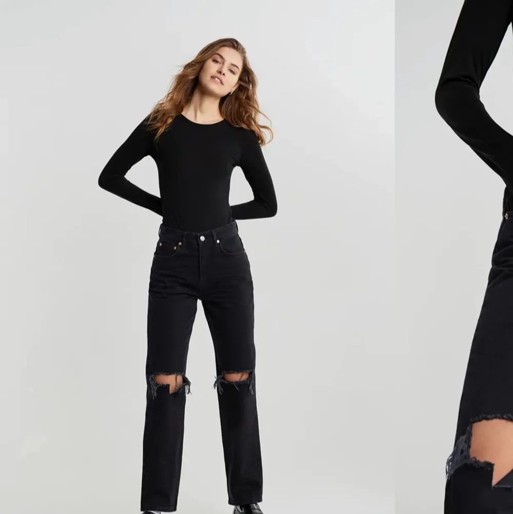 Söker Gina Tricot 90s high waist jeans svart med hål i storlek 32 eller 34. Slutsålt överallt . Jeans & Byxor.