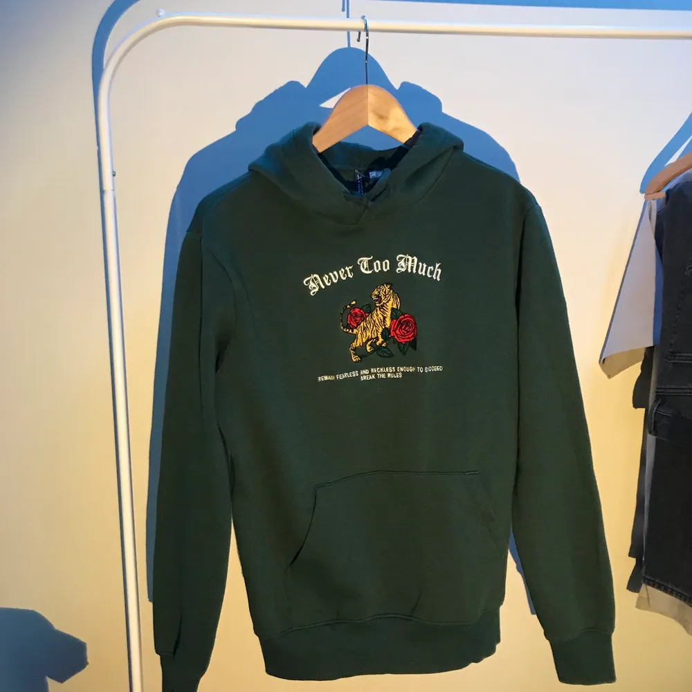 Grön hoodie med broderat tryck i storlek small. Trycket är på framsidan. Snörena är knutna men går såklart att ta loss.. Hupparit & Collegepaidat.