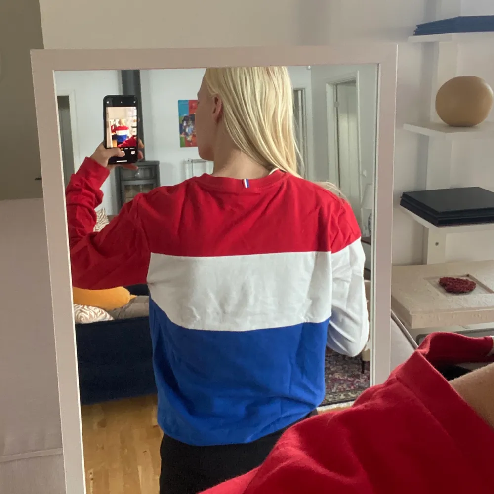 Blå, röd och vit tröja från Le coq sportif i storlek S. Tröjan är i gott skick. Köparen står för frakten!💕. Tröjor & Koftor.