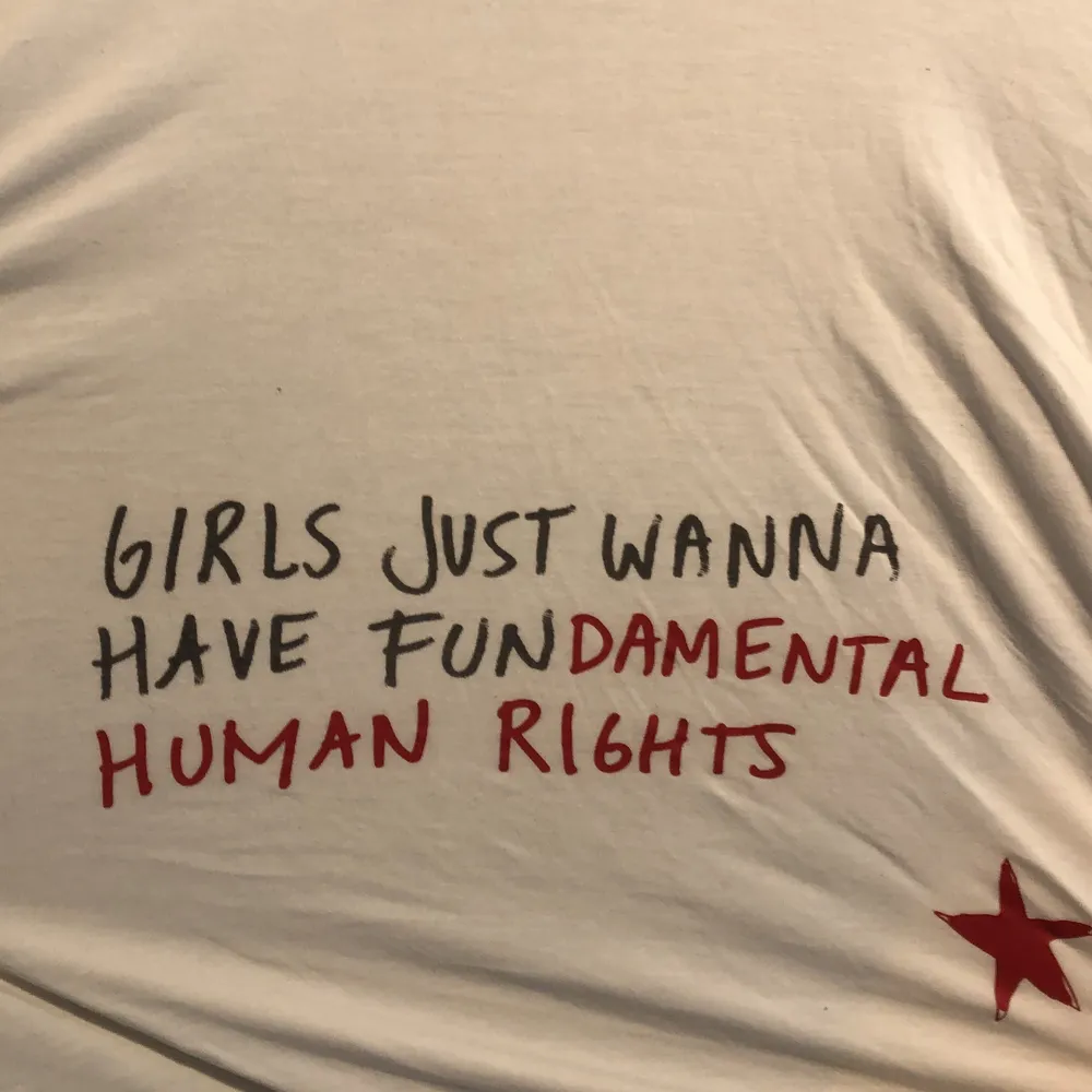 T-shirt med texten ”girls just wanna have fundamental human rights”. Väldigt skönt material som faller snyggt på kroppen. På tröjan står det s/m men jag skulle säga att den är stor i storleken och även passar L. . T-shirts.