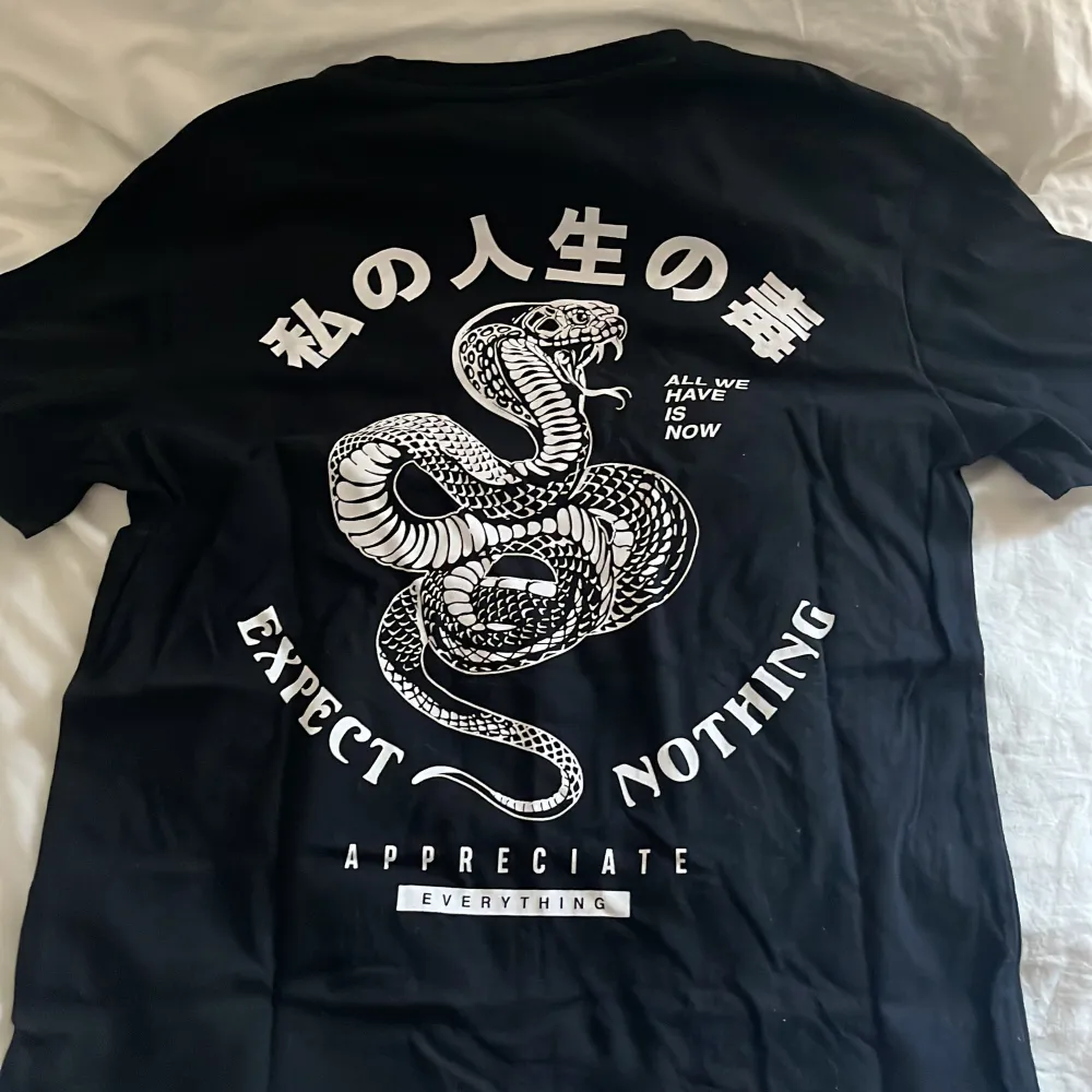 Jag säljer en av mina t-shirts. Då jag inte hunnit använda den innan den blev för liten. Väldigt coolt tryck på baksidan med en orm . T-shirts.