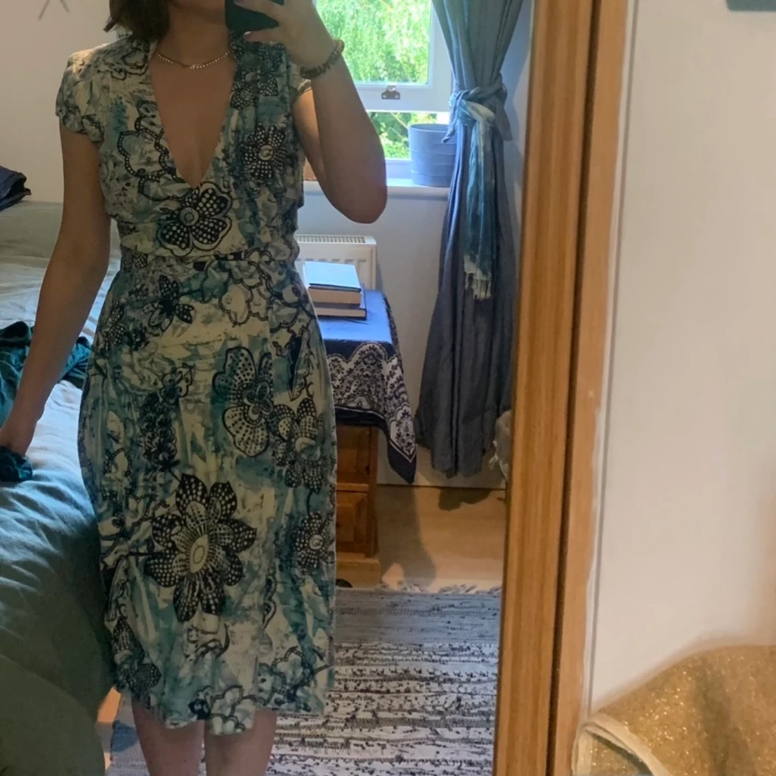 Floral Blue Designer Wrap Dress Size Small - 90