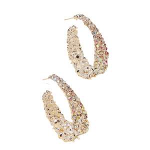 Sparkling shiny hoop earrings made of silver tone metal fully encrusted with rhinestones, Light weight, but heavy in statement. Brand new. Length 3,5cm, diameter 2,5cm.