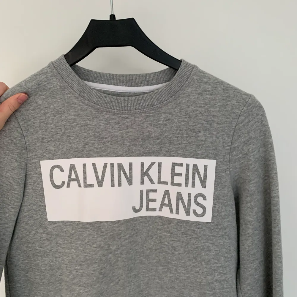 Grå Calvin Klein sweatshirt. Köpt i usa och fortfarande fint skick. Storleken är xs men den är stor i storleken och passar s och möjligtvis m . Hoodies.
