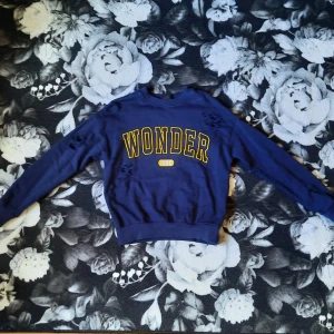 Blå Gina tricot crewneck - Säljes då den inte kommer till användning. Den har hål men det är sådanna som ska vara där. Utöver det inga skavanker. Den är i begangnat skick men trycket är bra. Frakten är inte gratis utan föfhandlas. Läs mina villkor i min bio först. Om du har frågor hör av dig!