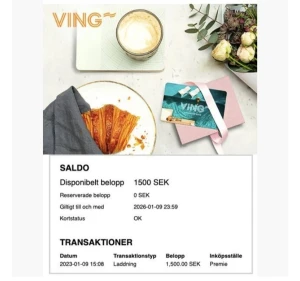 Presentkort Ving 1500kr - Säljer ett presentkort på Ving resor som är laddat med 1500kr. Säljer kortet för 1000kr. Giltighetstid: 2026-01-09. Snabb affär prioriteras och kan då även justera priset något. Kortet kan skickas med spårbart alt direkt i chatten efter genmförd betalning