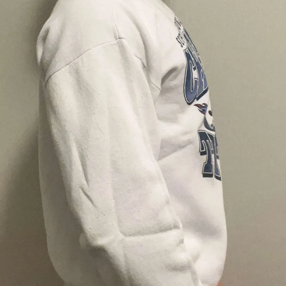 En vit sweatshirt från Tennessee Titans i storlek small, S. Perfekt för alla som gillar mode och eller amerikansk fotboll. Sweatshirten har en logga med Tennessee Titans, det amerikanska fotbollslaget, på framsidan. Kvaliten är bra.. Hoodies.