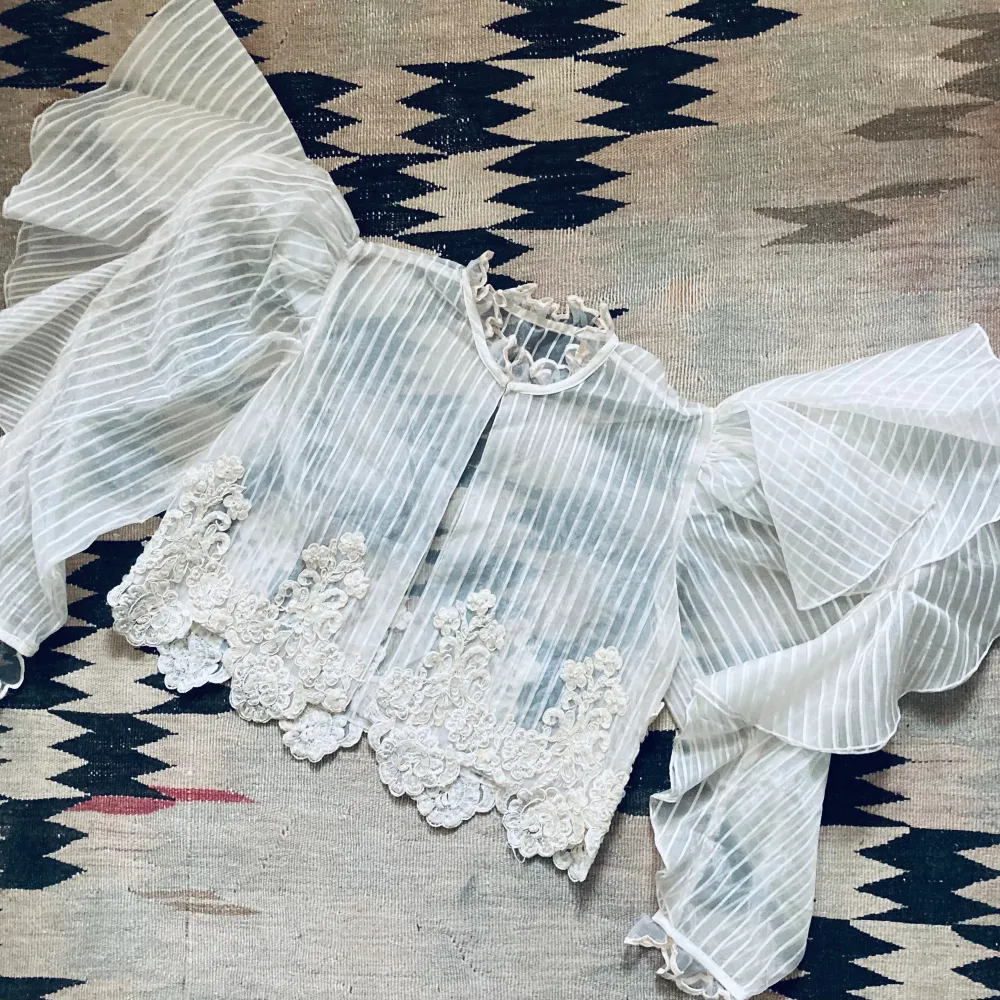 Helt otrolig vintage blus i bästa emma stones i poor things anda! Köpt i London för massa år sedan. Axlarna förstärka från insidan med kartong, så handtvätt. Längd 41cm Bredd 48cm Frillet i ena ärmslutet har lossnat lite (bild) men är lätt att laga. Puserot.