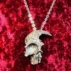 Nytt och oanvänt silverfärgat halsband med dödskalle.    Skallen är 3,5x2,3 cm. Kedjan är 53 cm och låses med hummerlås.  Ett uppseendeväckande smycke och en fin present till dig själv eller någon du tycker om.  
