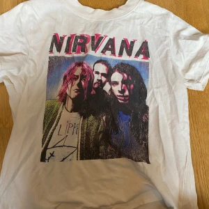 nirvana bandtröja - nirvana bandtröja från hm! finns inte i lager längre tror jag. inga defekter! den är lite croppad, så lite kortare än en vanlig tshirt. storlek xs men skulle kunna passa s också. har katt :)