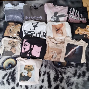 Ariana Grande Merch  - Alla saker är i bra skick - nyskick. Vissa saker har små defekter. HM t shirts -130kr/st. HM Hoodies - 180kr/St. Officiell t shirt - 230kr och officiella sweatshirts 320kr/st. Kom privat för fler bilder eller info. Pris kan diskuteras. 