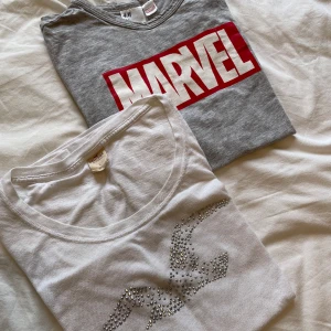 T shirts - Säljer dessa två t-shirts då de inte kommer till användning längre. Den med tryck på är från HM (stl.S) och den med glitter är från Holister (stl. L). Tröjorna sitter inte tight och de har inga defekter. 10 kronor styck.