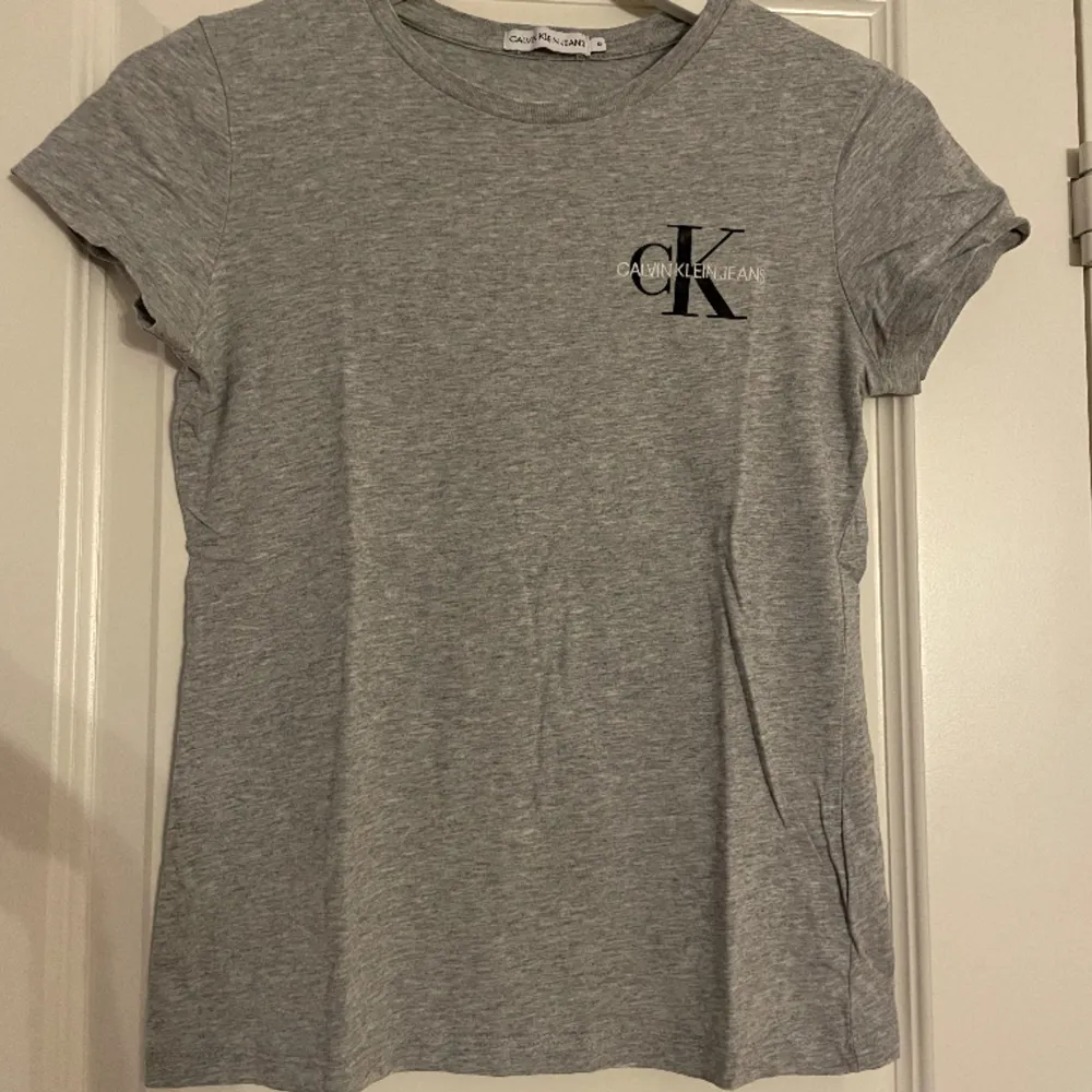 En grå Calvin Klein T-shirt med svart/vit märke. Använd få tal gånger. Storlek för 12-åringar, passar mig som en ganska smal o bär xss/xs.. T-shirts.