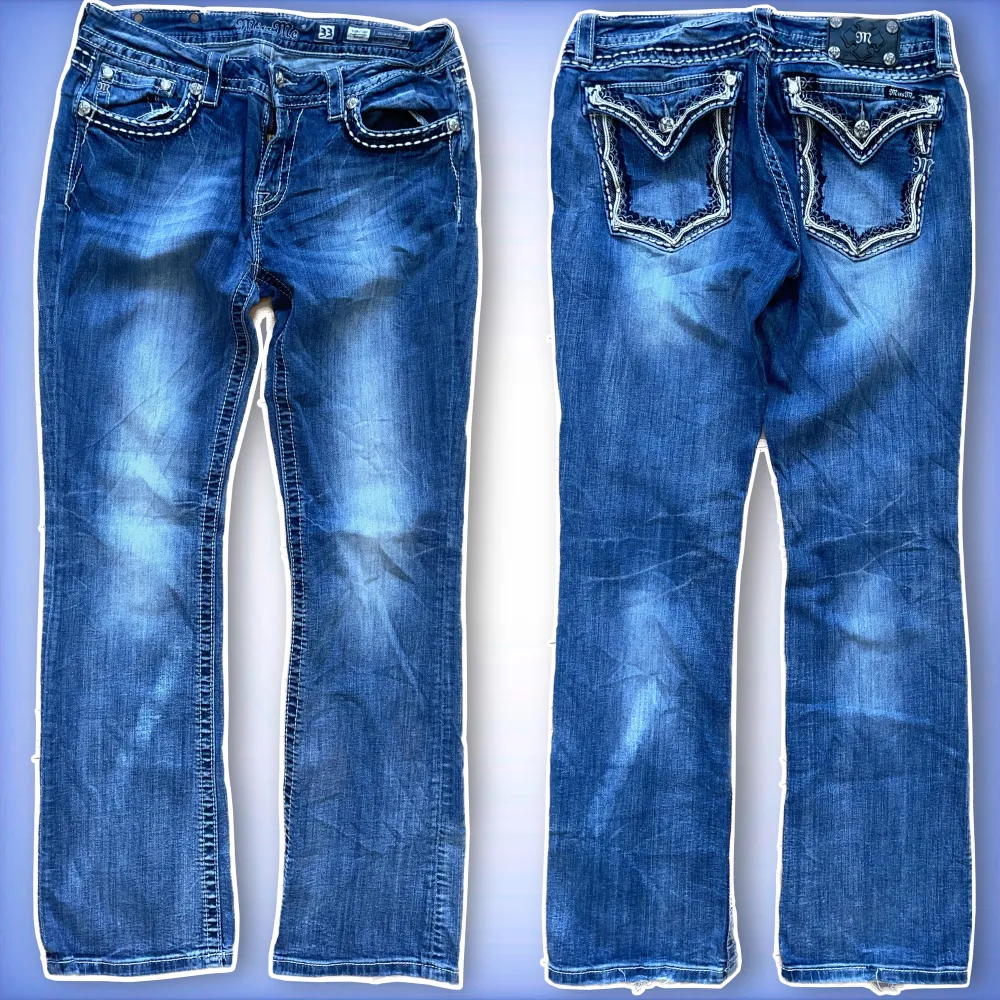 Ett par jätte fina och unika bootcut miss me jeans, med fina och speciella bakfickor. Hör av dig ifall du har frågor!😊 (Midjemått 42cm tvärs över, innerben 81cm). Jeans & Byxor.