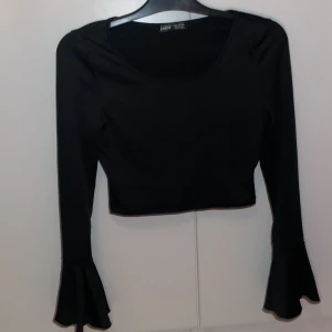 Svart croppad topp med trumpetärm SHEIN - Svart croppad topp från SHEIN med långa trumpetärmar och rund halsringning. Snygg och enkel design som passar perfekt till jeans eller kjol. Tunn och stretchig, vilket gör den bekväm och lätt att styla.