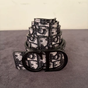 Svartvitt Dior bälte med monogram - Snyggt svartvitt bälte från Dior med tydligt monogrammönster och stor, svart spänne med CD-logga. Bältet har en rektangulär form och är gjort i skinn med textilstruktur. Perfekt för att lyfta vilken outfit som helst med en lyxig touch.
