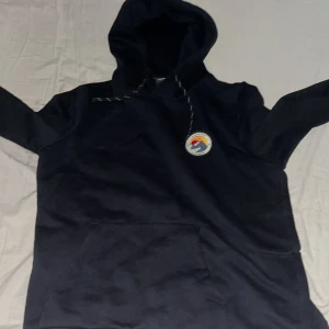 Svart hoodie från Everest med broderad patch - Svart hoodie från Everest med broderad rund patch på bröstet i färgerna gul, röd och blå. Tröjan har huva med dragsko och en stor magficka framtill. Perfekt för en avslappnad stil.