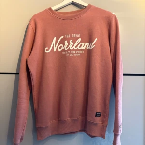Rosa sweatshirt från Sqrtn Company - Rosa sweatshirt från Sqrtn Company med vit text 'The Great Norrland' framtill. Storlek XS unisex och passar bra på mig som är M/S