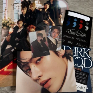 Enhypen  - Enhypen dark blood album! Innehåller 2 photocards, 1 kort, 1 affisch, klistermärken, CD & bokmärke (OBS: ett klistermärke fattas som syns på bilden! SAMT två sidor är utskärda från boken, båda sidorna syns på sista bilden, därför bra pris och kom med pris förslag)🤍