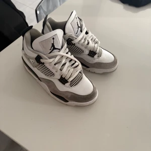 Nike Air Jordans i vit och grå använda 2 gånger  - Snygga Nike Air Jordans i vit och grå med klassisk Jumpman-logga. Skorna har snörning och en stilren design som passar perfekt för sneakerälskare. Perfekta för att lyfta din stil till nästa nivå.