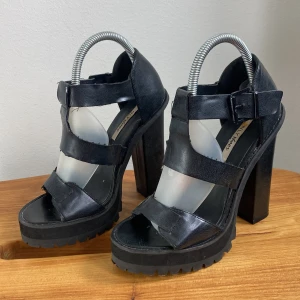 Svarta chunky klackskor med spänne - Säljer ett par svarta chunky klackskor från N.L.Y Shoes med breda remmar och spänne vid ankeln. Skorna har hög klack och plattformssula för extra höjd och attityd. Perfekta för dig som vill sticka ut med en edgy look. Knappt använda. 