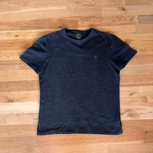 Grå t-shirt från Polo Ralph Lauren - Säljer en grå t-shirt från Polo Ralph Lauren med en rosa broderad logga på bröstet. T-shirten har en slim fit passform och är kortärmad. Perfekt för en stilren och avslappnad look.