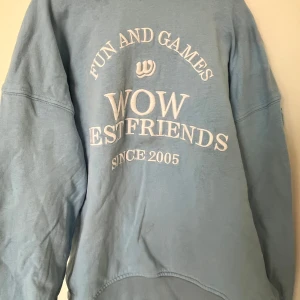 Ljusblå hoodie - Säljer en ljusblå hoodie med texten 'FUN AND GAMES WOW BEST FRIENDS SINCE 2005' på ryggen. Den har en bekväm passform och en klassisk huva. Perfekt för en avslappnad stil. Köpte den på Cubus.