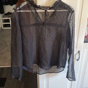 Svart transparent blus Gina Tricot - Säljer en svart transparent blus från Gina Tricot i storlek 36. Blusen har lång ärm, volangdetaljer vid halsen och små prickar i tyget. Knytning fram i halsen och lätt rynkade muddar. Perfekt för dig som gillar trendiga och luftiga plagg.