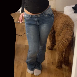 Blå bootcut jeans med låg-mellan midja - Säljer ett par blå jeans med bootcut-modell och låg-mellan midja. Jeansen har klassisk femficksdesign, slitningar och snygg tvättad look. Perfekta för dig som gillar en avslappnad och trendig stil. Storlek Xs. Pris kan diskuteras 