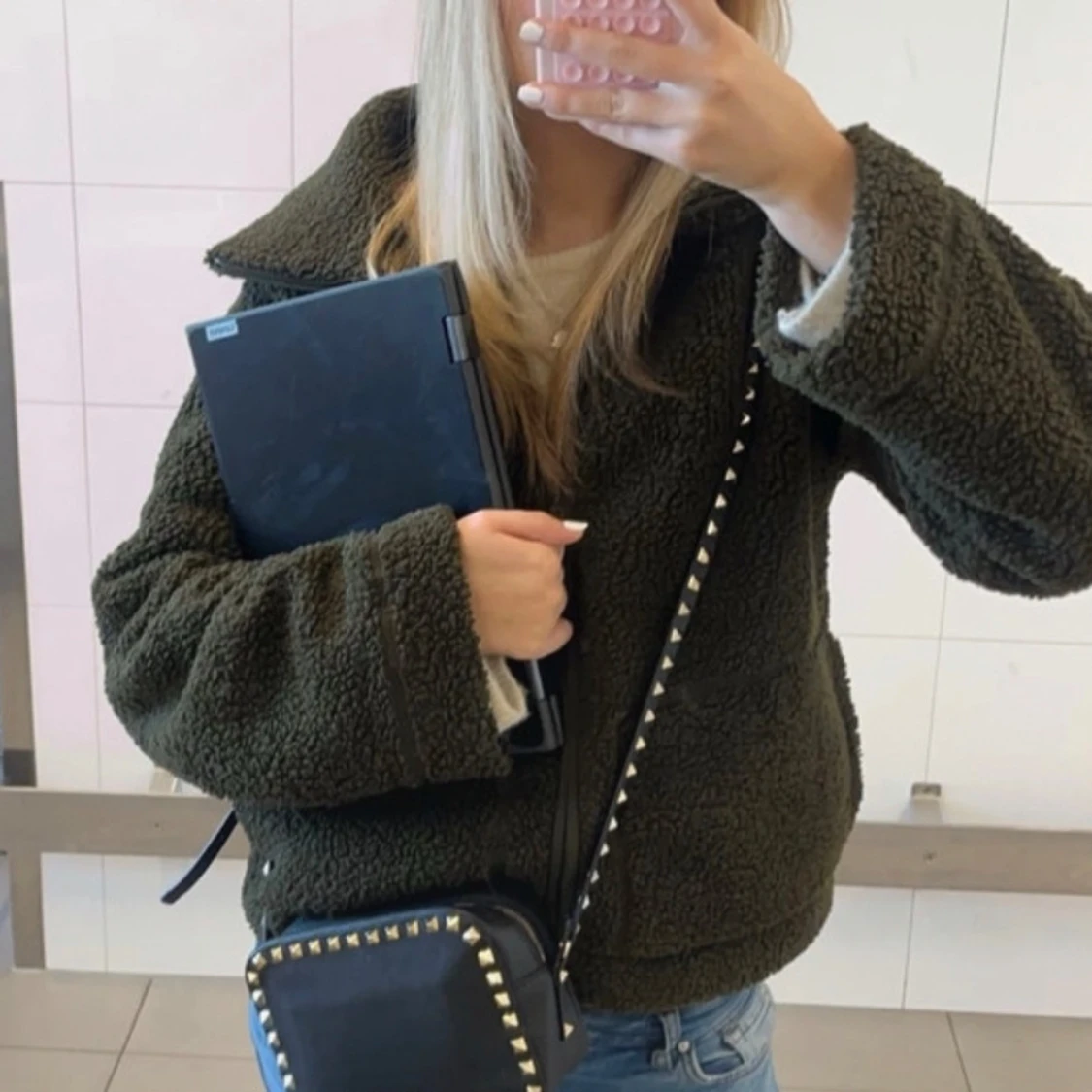 Olivgrön teddyjacka med dragkedja  - 2